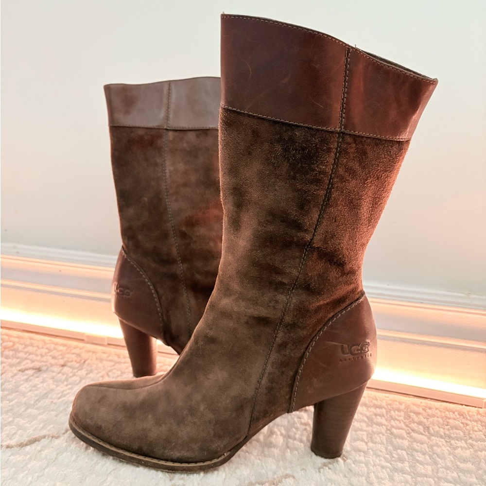 UGG Chocolate Brown Suede Leather Mid-Calf Heeled Boots Y2K Fall Boho Chic 8 - Picture 2 of 8